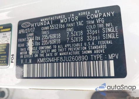 2018 Hyundai Santa Fe Se из США, поврежденный, VIN KM8SN4HF8JU260890